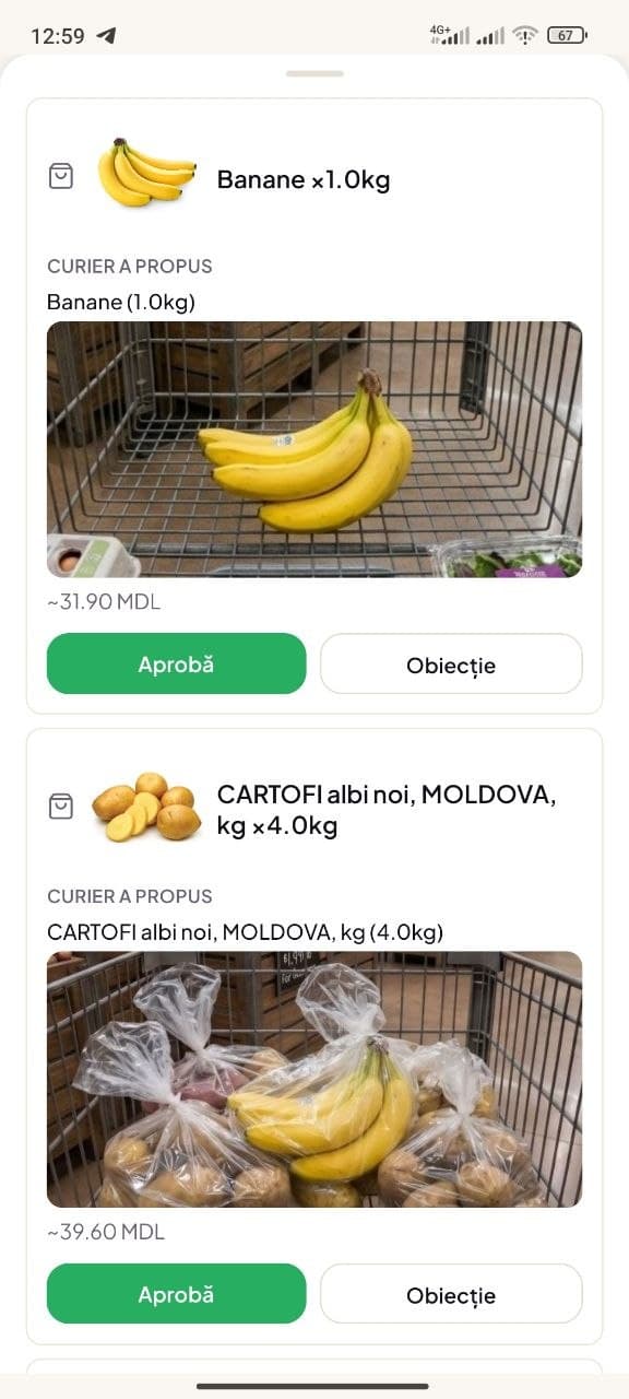 Coșul live Koshu — curierul propune un produs cu poză și preț, iar tu aprobi sau ridici o obiecție