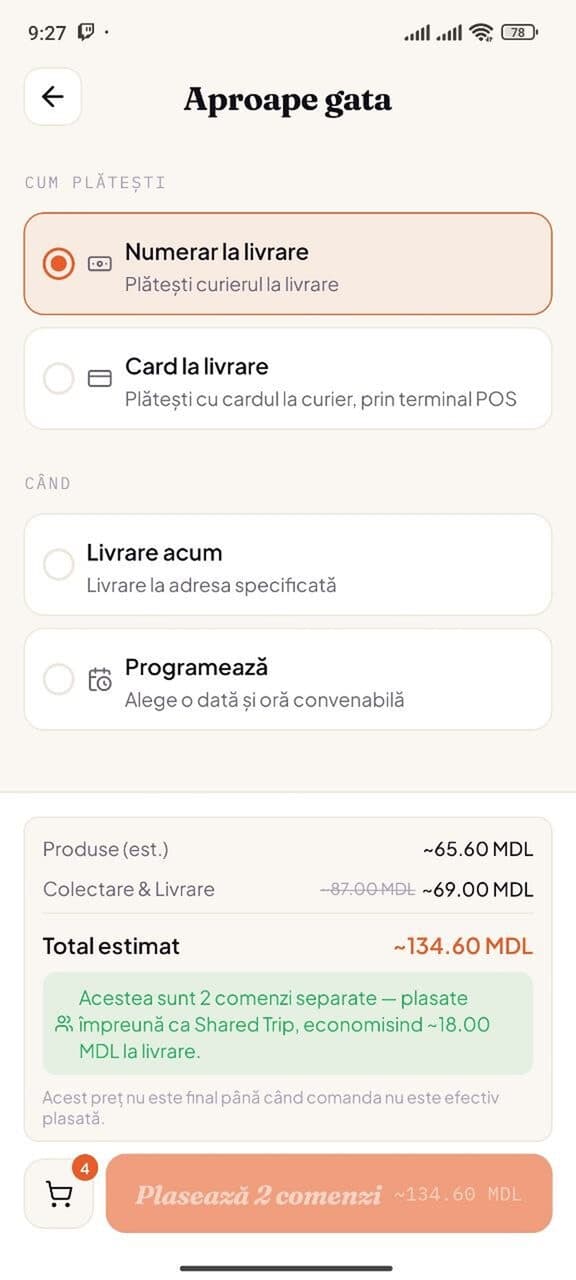 Checkout Koshu — cash sau card la livrare, livrare acum sau programată, cu totalul estimat