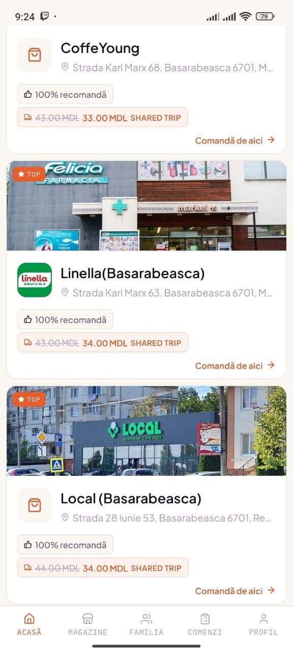 Ecranul principal Koshu cu magazine din apropiere, scoruri de recomandare și prețuri de livrare