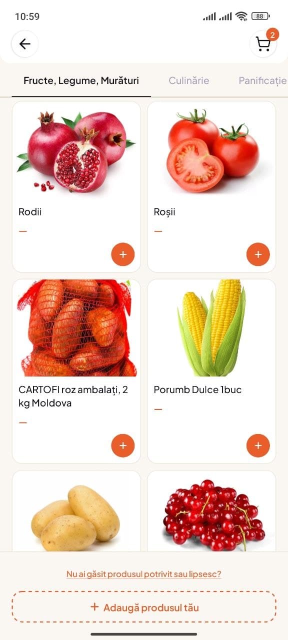 Catalogul de produse Koshu cu categorii și butoane de adăugare în coș